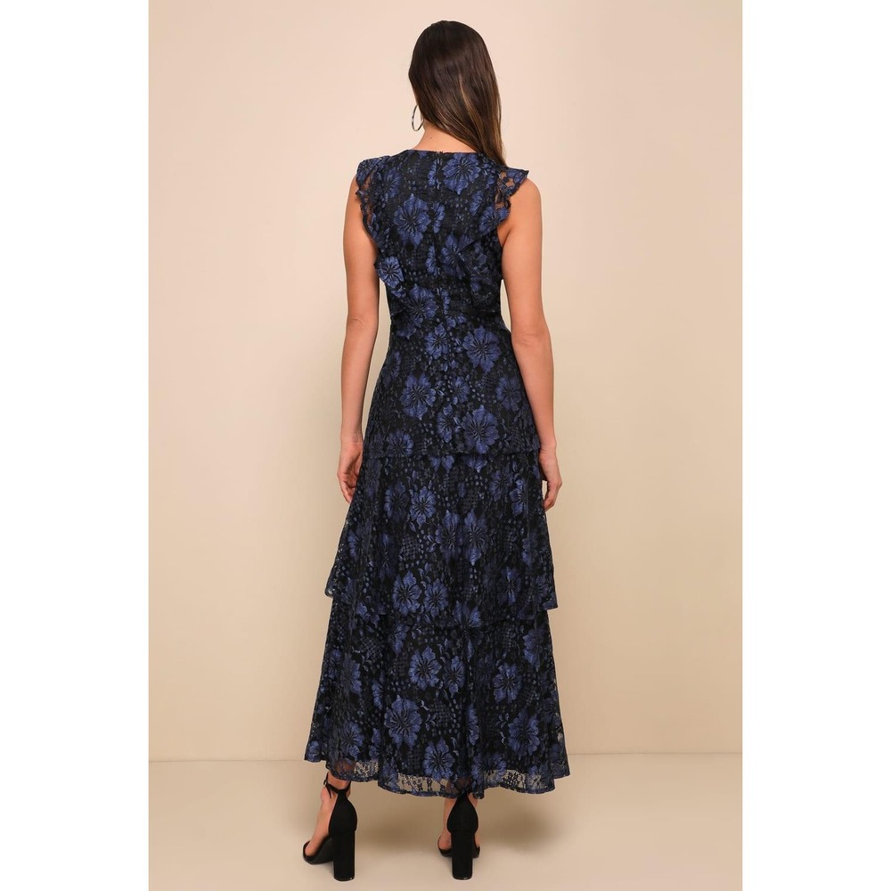 Lulus Molinetto Navy Blue Lace Ruffled Tiered Sleeveless Maxi Dress Size XXL - Picture 4 of 7